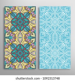 Vertical seamless patterns set, floral geometric lace texture for Wedding, Valentine's day, greeting cards or Birthday Invitations. Decorative seamless backgrounds. Ethnic ornament, border pattern