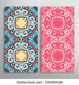 Vertical seamless patterns set, floral geometric lace texture for Wedding, Valentine's day, greeting cards or Birthday Invitations. Decorative seamless backgrounds. Ethnic ornament, border pattern