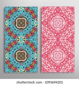 Vertical seamless patterns set, floral geometric lace texture for Wedding, Valentine's day, greeting cards or Birthday Invitations. Decorative seamless backgrounds. Ethnic ornament, border pattern
