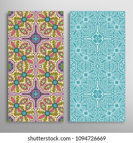 Vertical seamless patterns set, floral geometric lace texture for Wedding, Valentine's day, greeting cards or Birthday Invitations. Decorative seamless backgrounds. Ethnic ornament, border pattern