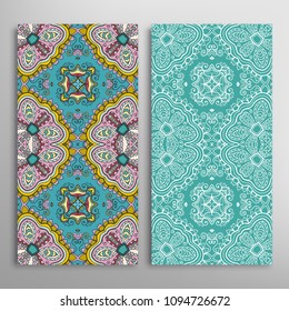 Vertical seamless patterns set, floral geometric lace texture for Wedding, Valentine's day, greeting cards or Birthday Invitations. Decorative seamless backgrounds. Ethnic ornament, border pattern