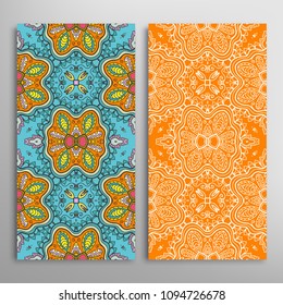 Vertical seamless patterns set, floral geometric lace texture for Wedding, Valentine's day, greeting cards or Birthday Invitations. Decorative seamless backgrounds. Ethnic ornament, border pattern