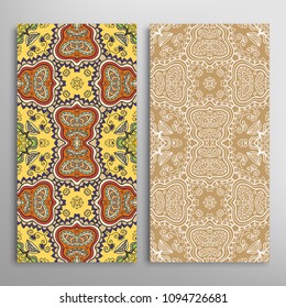 Vertical seamless patterns set, floral geometric lace texture for Wedding, Valentine's day, greeting cards or Birthday Invitations. Decorative seamless backgrounds. Ethnic ornament, border pattern