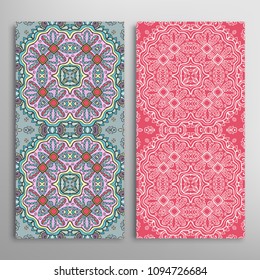Vertical seamless patterns set, floral geometric lace texture for Wedding, Valentine's day, greeting cards or Birthday Invitations. Decorative seamless backgrounds. Ethnic ornament, border pattern