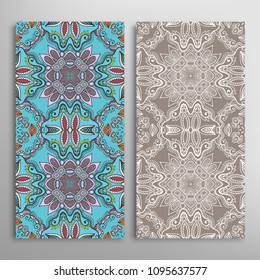 Vertical seamless patterns set, floral geometric lace texture for Wedding, Valentine's day, greeting cards or Birthday Invitations. Decorative seamless backgrounds. Ethnic ornament, border pattern