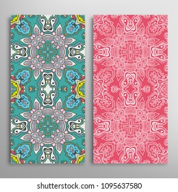 Vertical seamless patterns set, floral geometric lace texture for Wedding, Valentine's day, greeting cards or Birthday Invitations. Decorative seamless backgrounds. Ethnic ornament, border pattern