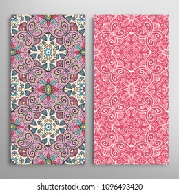 Vertical seamless patterns set, floral geometric lace texture for Wedding, Valentine's day, greeting cards or Birthday Invitations. Decorative seamless backgrounds. Ethnic ornament, border pattern