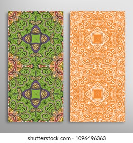 Vertical seamless patterns set, floral geometric lace texture for Wedding, Valentine's day, greeting cards or Birthday Invitations. Decorative seamless backgrounds. Ethnic ornament, border pattern