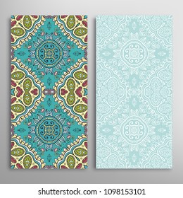 Vertical seamless patterns set, floral geometric lace texture for Wedding, Valentine's day, greeting cards or Birthday Invitations. Decorative seamless backgrounds. Ethnic ornament, border pattern