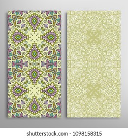 Vertical seamless patterns set, floral geometric lace texture for Wedding, Valentine's day, greeting cards or Birthday Invitations. Decorative seamless backgrounds. Ethnic ornament, border pattern