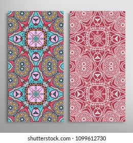 Vertical seamless patterns set, floral geometric lace texture for Wedding, Valentine's day, greeting cards or Birthday Invitations. Decorative seamless backgrounds. Ethnic ornament, border pattern