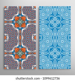 Vertical seamless patterns set, floral geometric lace texture for Wedding, Valentine's day, greeting cards or Birthday Invitations. Decorative seamless backgrounds. Ethnic ornament, border pattern
