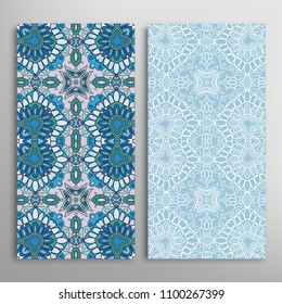 Vertical seamless patterns set, floral geometric lace texture for Wedding, Valentine's day, greeting cards or Birthday Invitations. Decorative seamless backgrounds. Ethnic ornament, border pattern
