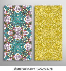 Vertical seamless patterns set, floral geometric lace texture for Wedding, Valentine's day, greeting cards or Birthday Invitations. Decorative seamless backgrounds. Ethnic ornament, border pattern