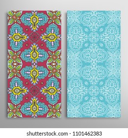 Vertical seamless patterns set, floral geometric lace texture for Wedding, Valentine's day, greeting cards or Birthday Invitations. Decorative seamless backgrounds. Ethnic ornament, border pattern