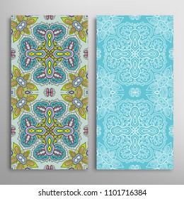 Vertical seamless patterns set, floral geometric lace texture for Wedding, Valentine's day, greeting cards or Birthday Invitations. Decorative seamless backgrounds. Ethnic ornament, border pattern