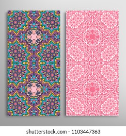 Vertical seamless patterns set, floral geometric lace texture for Wedding, Valentine's day, greeting cards or Birthday Invitations. Decorative seamless backgrounds. Ethnic ornament, border pattern