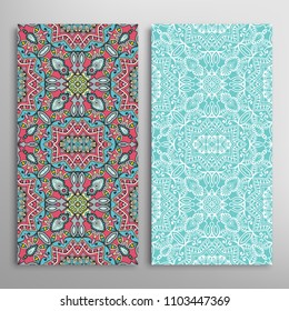 Vertical seamless patterns set, floral geometric lace texture for Wedding, Valentine's day, greeting cards or Birthday Invitations. Decorative seamless backgrounds. Ethnic ornament, border pattern