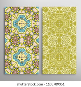Vertical seamless patterns set, floral geometric lace texture for Wedding, Valentine's day, greeting cards or Birthday Invitations. Decorative seamless backgrounds. Ethnic ornament, border pattern