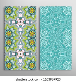 Vertical seamless patterns set, floral geometric lace texture for Wedding, Valentine's day, greeting cards or Birthday Invitations. Decorative seamless backgrounds. Ethnic ornament, border pattern