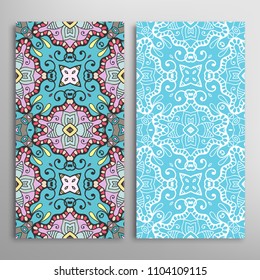 Vertical seamless patterns set, floral geometric lace texture for Wedding, Valentine's day, greeting cards or Birthday Invitations. Decorative seamless backgrounds. Ethnic ornament, border pattern