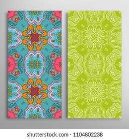 Vertical seamless patterns set, floral geometric lace texture for Wedding, Valentine's day, greeting cards or Birthday Invitations. Decorative seamless backgrounds. Ethnic ornament, border pattern