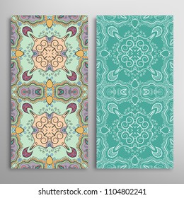 Vertical seamless patterns set, floral geometric lace texture for Wedding, Valentine's day, greeting cards or Birthday Invitations. Decorative seamless backgrounds. Ethnic ornament, border pattern