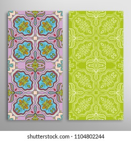 Vertical seamless patterns set, floral geometric lace texture for Wedding, Valentine's day, greeting cards or Birthday Invitations. Decorative seamless backgrounds. Ethnic ornament, border pattern