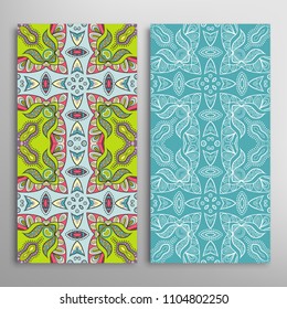 Vertical seamless patterns set, floral geometric lace texture for Wedding, Valentine's day, greeting cards or Birthday Invitations. Decorative seamless backgrounds. Ethnic ornament, border pattern