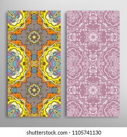 Vertical seamless patterns set, floral geometric lace texture for Wedding, Valentine's day, greeting cards or Birthday Invitations. Decorative seamless backgrounds. Ethnic ornament, border pattern