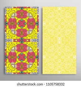 Vertical seamless patterns set, floral geometric lace texture for Wedding, Valentine's day, greeting cards or Birthday Invitations. Decorative seamless backgrounds. Ethnic ornament, border pattern