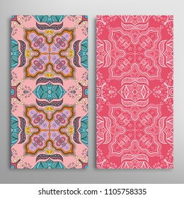 Vertical seamless patterns set, floral geometric lace texture for Wedding, Valentine's day, greeting cards or Birthday Invitations. Decorative seamless backgrounds. Ethnic ornament, border pattern