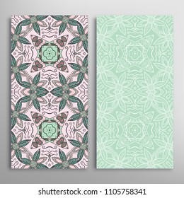 Vertical seamless patterns set, floral geometric lace texture for Wedding, Valentine's day, greeting cards or Birthday Invitations. Decorative seamless backgrounds. Ethnic ornament, border pattern