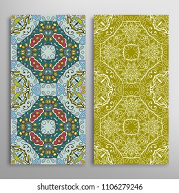 Vertical seamless patterns set, floral geometric lace texture for Wedding, Valentine's day, greeting cards or Birthday Invitations. Decorative seamless backgrounds. Ethnic ornament, border pattern