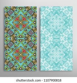 Vertical seamless patterns set, floral geometric lace texture for Wedding, Valentine's day, greeting cards or Birthday Invitations. Decorative seamless backgrounds. Ethnic ornament, border pattern