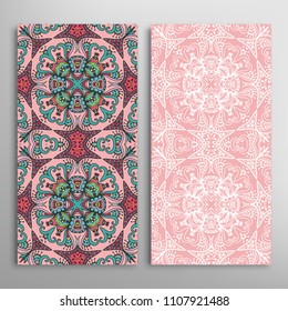Vertical seamless patterns set, floral geometric lace texture for Wedding, Valentine's day, greeting cards or Birthday Invitations. Decorative seamless backgrounds. Ethnic ornament, border pattern