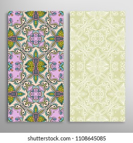 Vertical seamless patterns set, floral geometric lace texture for Wedding, Valentine's day, greeting cards or Birthday Invitations. Decorative seamless backgrounds. Ethnic ornament, border pattern