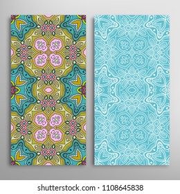 Vertical seamless patterns set, floral geometric lace texture for Wedding, Valentine's day, greeting cards or Birthday Invitations. Decorative seamless backgrounds. Ethnic ornament, border pattern