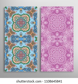Vertical seamless patterns set, floral geometric lace texture for Wedding, Valentine's day, greeting cards or Birthday Invitations. Decorative seamless backgrounds. Ethnic ornament, border pattern