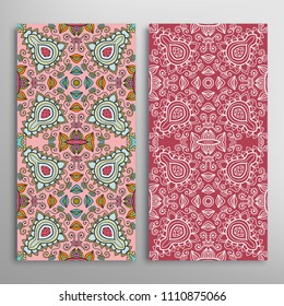 Vertical seamless patterns set, floral geometric lace texture for Wedding, Valentine's day, greeting cards or Birthday Invitations. Decorative seamless backgrounds. Ethnic ornament, border pattern