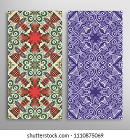 Vertical seamless patterns set, floral geometric lace texture for Wedding, Valentine's day, greeting cards or Birthday Invitations. Decorative seamless backgrounds. Ethnic ornament, border pattern