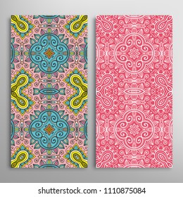 Vertical seamless patterns set, floral geometric lace texture for Wedding, Valentine's day, greeting cards or Birthday Invitations. Decorative seamless backgrounds. Ethnic ornament, border pattern