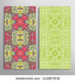 Vertical seamless patterns set, floral geometric lace texture for Wedding, Valentine's day, greeting cards or Birthday Invitations. Decorative seamless backgrounds. Ethnic ornament, border pattern