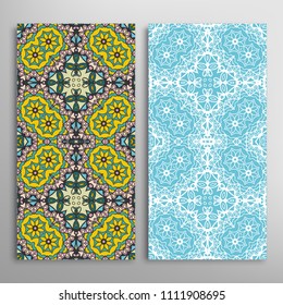 Vertical seamless patterns set, floral geometric lace texture for Wedding, Valentine's day, greeting cards or Birthday Invitations. Decorative seamless backgrounds. Ethnic ornament, border pattern