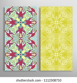 Vertical seamless patterns set, floral geometric lace texture for Wedding, Valentine's day, greeting cards or Birthday Invitations. Decorative seamless backgrounds. Ethnic ornament, border pattern