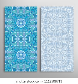 Vertical seamless patterns set, floral geometric lace texture for Wedding, Valentine's day, greeting cards or Birthday Invitations. Decorative seamless backgrounds. Ethnic ornament, border pattern