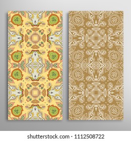 Vertical seamless patterns set, floral geometric lace texture for Wedding, Valentine's day, greeting cards or Birthday Invitations. Decorative seamless backgrounds. Ethnic ornament, border pattern