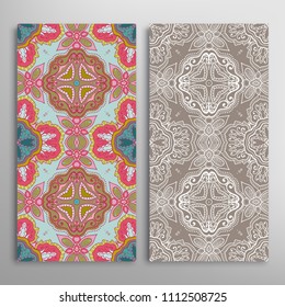 Vertical seamless patterns set, floral geometric lace texture for Wedding, Valentine's day, greeting cards or Birthday Invitations. Decorative seamless backgrounds. Ethnic ornament, border pattern