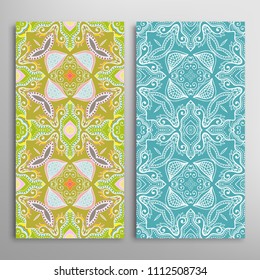 Vertical seamless patterns set, floral geometric lace texture for Wedding, Valentine's day, greeting cards or Birthday Invitations. Decorative seamless backgrounds. Ethnic ornament, border pattern