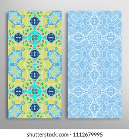 Vertical seamless patterns set, floral geometric lace texture for Wedding, Valentine's day, greeting cards or Birthday Invitations. Decorative seamless backgrounds. Ethnic ornament, border pattern